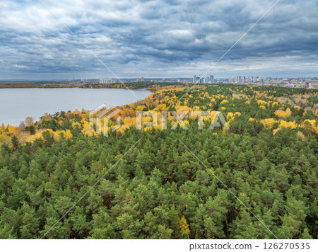 Autumn forest on lake shore at sunset and city on horizon, auerial view 126270535