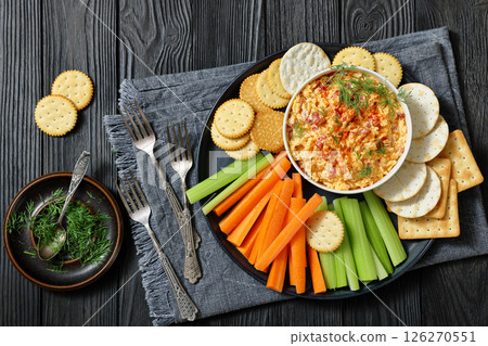 pimento cheese dip served with crackers, veggies pimento cheese dip served with crackers, veggies 126270551