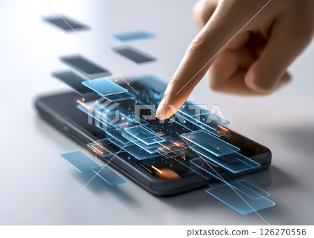 Illustration of a person operating a smartphone equipped with a 3D holographic display 126270556