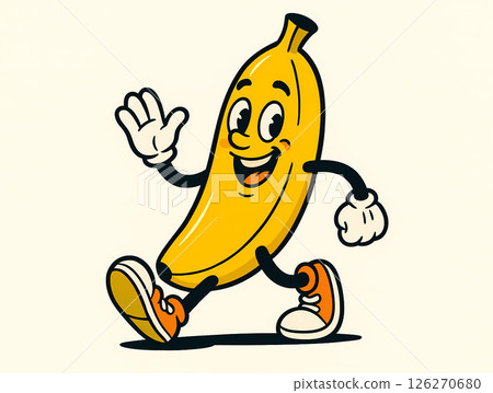 Cheerful cartoon banana character in sneakers strolling with a friendly gesture. 126270680