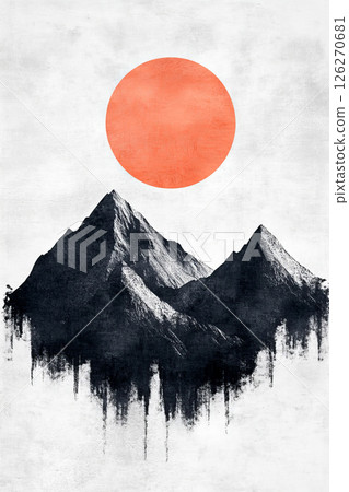 Artistic brushstroke landscape with dark mountains and rising sun motif. 126270681