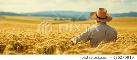 Farmer Inspecting Lush Golden Wheat Field in Scenic Rural Landscape 126270910