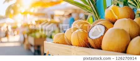 Fresh Coconuts in Eco Friendly Packaging Displayed at Outdoor Market 126270914