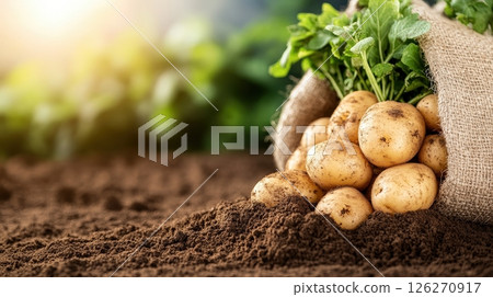 Freshly Harvested Potatoes with Soil Clinging in a Burlap Sack 126270917