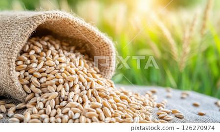 Close up of golden wheat grains being poured into a burlap sack in a rural field 126270974