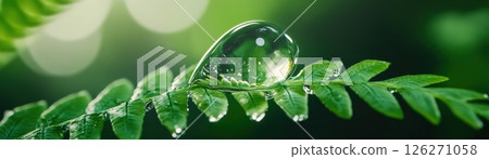 Magical Droplet Resting on Delicate Green Leaf in Lush Tranquil Natural Setting 126271058