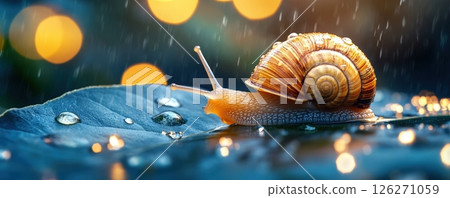 Snail Shell with Raindrops on Leaf in Autumn Garden 126271059