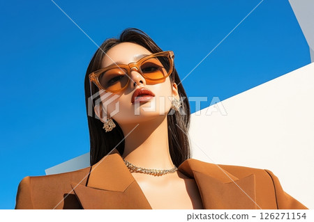 Confident and Captivating Asian Woman in Stylish Sunglasses Posing Outdoors in the City   Elegant Fashion Portrait with Minimalist Urban Backdrop for High End Branding and Marketing 126271154