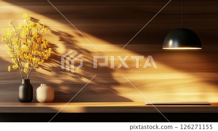 Cozy Autumn Glow Warm Radiance and Rustic Elegance in a Tranquil Interior Scene  A serene vignette with a glowing tree branch minimalist vase and soft lighting creating a peaceful 126271155