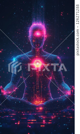 Futuristic Human Figure in Meditative Pose with Glowing Energy Aura 126271288