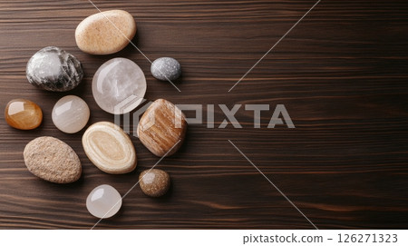 Chakra Stones Arranged in Harmonious Mandala Pattern on Wooden Surface 126271323