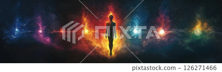 Human Silhouette Floating in Cosmic Space with Chakra Energy Aura Human Silhouette Floating in Cosmic Space with Chakra Energy Aura 126271466