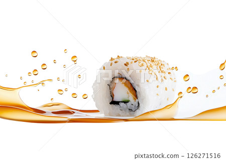 Delicious Sushi Roll with Shrimp and Avocado Surrounded by Splashing Sauce and Abstract Background 126271516