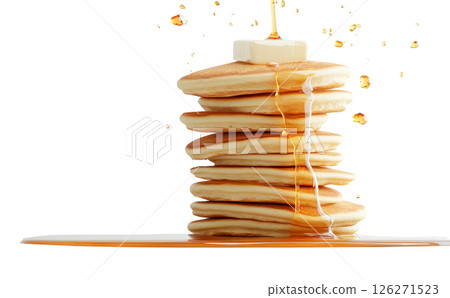 Stacked Golden Pancakes Drizzled with Maple Syrup on a Wooden Table 126271523