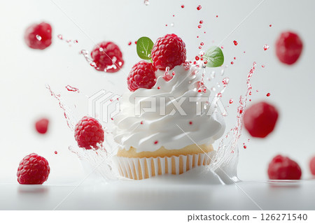 Fluffy Cupcake Topped with Vibrant Raspberry Splash and Creamy Frosting 126271540