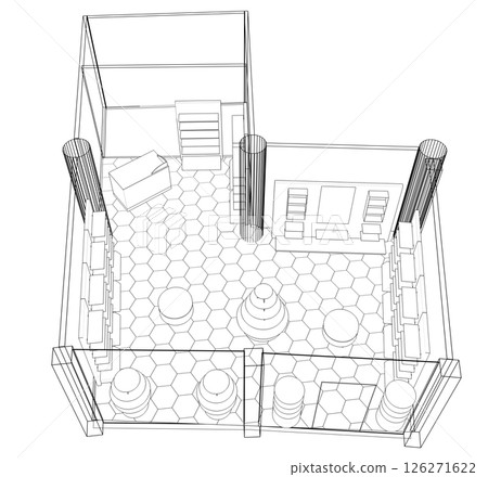 shopping mall, contour visualization, 3D illustration, sketch, outline 126271622