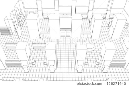 shopping mall, contour visualization, 3D illustration, sketch, outline 126271640
