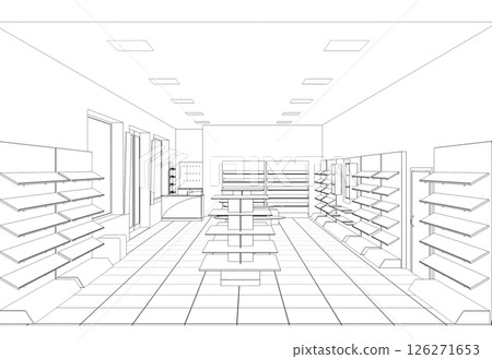 shopping mall, contour visualization, 3D illustration, sketch, outline shopping mall, contour visualization, 3D illustration, sketch, outline 126271653