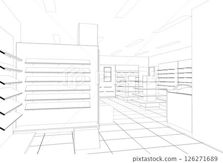 shopping mall, contour visualization, 3D illustration, sketch, outline 126271689