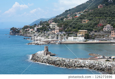 Stone old lighthouse in seafront town of Recco, Liguria. Nature, tourism and recreation, Italy. 126271696