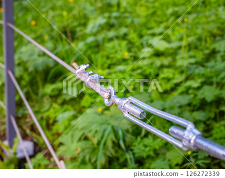 Metal turnbuckle and wire rope connection system with threaded hardware, rigging and lifting equipment for construction and marine applications, industrial fastening technology Metal turnbuckle and wire rope connection system with threaded hardware, rigging and lifting equipment for construction and marine applications, industrial fastening technology 126272339