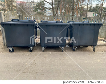 Separate plastic mobile garbage containers for general waste collection Separate plastic mobile garbage containers for general waste collection 126272838