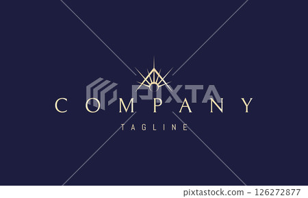 Vector golden logo with an abstract image of a shining sun against the backdrop of a mountain or roof. Vector golden logo with an abstract image of a shining sun against the backdrop of a mountain or roof. 126272877