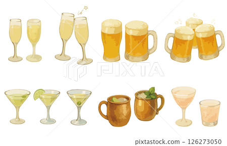 Watercolor cocktail and beer illustration set: toasting scene, champagne, gin and lime, Moscow mule, etc. 126273050