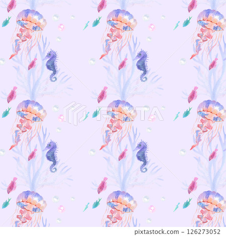 Delicate watercolor pattern with blue jellyfish Delicate watercolor pattern with blue jellyfish 126273052