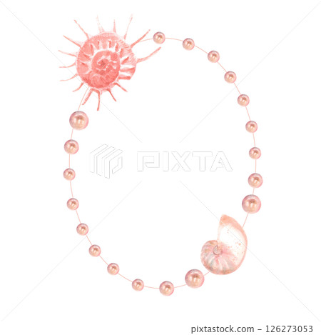 watercolor oval frame made of pearls with shells 126273053
