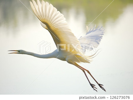 White heron or egret taking off 126273076