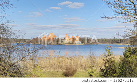Trakai Lithuania - 03.28.2025 Trakai Island Castle with orange towers reflected in the lake, surrounded by reeds and spring trees under a clear blue sky Trakai Lithuania - 03.28.2025 Trakai Island Castle with orange towers reflected in the lake, surrounded by reeds and spring trees under a clear blue sky 126273112