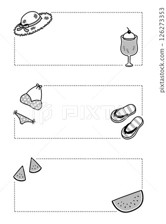 流行可愛的夏季物品框套裝：單色、白色背景、矩形、橫向文字，3種類型 126273353
