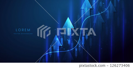 Abstract arrow up with stock market candlesticks glowing light effedct on dark blue background. Business investment concept. 126273406