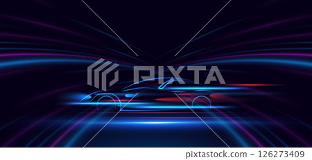 Sport car on hi-speed motion moving concept on dark blue background. Futuristic glowing neon blue and red ray. 126273409