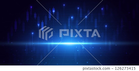 Stock market candlesticks glowing light effedct on dark blue background. Business investment concept. 126273415