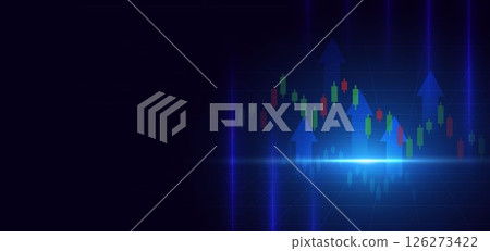 Abstract arrow up with stock market candlesticks glowing light effedct on dark blue background. Abstract arrow up with stock market candlesticks glowing light effedct on dark blue background. 126273422