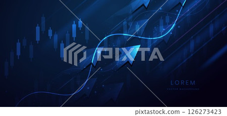 Abstract arrow up with stock market candlesticks glowing light effedct on dark blue background. Business investment concept. Abstract arrow up with stock market candlesticks glowing light effedct on dark blue background. Business investment concept. 126273423