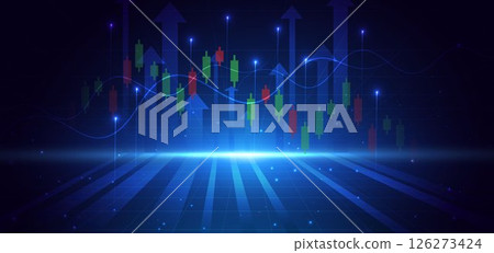 Abstract arrow up with stock market candlesticks glowing light effedct on dark blue background. Business investment concept. 126273424