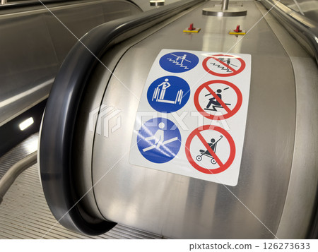 Close up of escalator safety instruction sign with multiple pictograms showing prohibited actions. Public transport safety concept with clear visual guidance for passengers Close up of escalator safety instruction sign with multiple pictograms showing prohibited actions. Public transport safety concept with clear visual guidance for passengers 126273633
