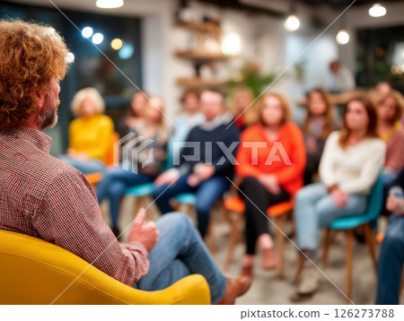 Informal group listening to male speaker during discussion session 126273788