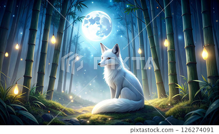 A white fox and a full moon in a fantastic bamboo forest 126274091