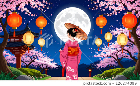滿月之夜，身穿日本傳統服飾的女子被櫻花和燈籠包圍 126274099