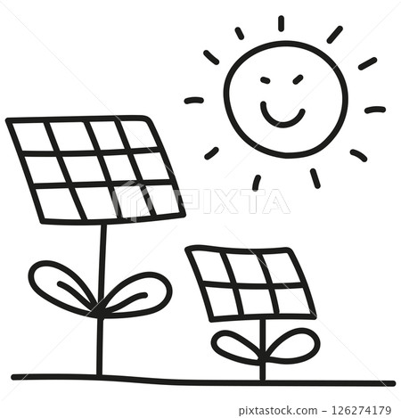 nature conservation concept. Solar panels with smiling sun and plants illustration. .hand drawn doodle line style 126274179