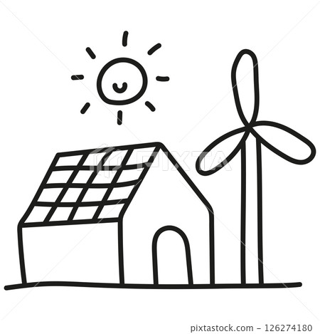 nature conservation concept. Sustainable home with solar panels and wind turbine illustration. .hand drawn doodle line style 126274180
