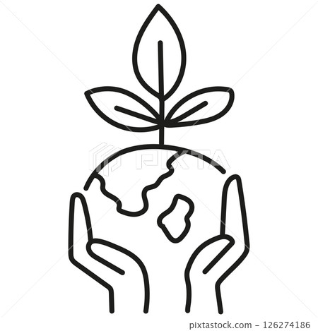 nature conservation concept. Hands supporting a globe with a sprout symbolizing environmental care. .hand drawn doodle line style 126274186