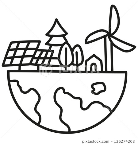 nature conservation concept. Eco-friendly planet with trees, solar panels, and wind turbine illustration. .hand drawn doodle line style nature conservation concept. Eco-friendly planet with trees, solar panels, and wind turbine illustration. .hand drawn doodle line style 126274208