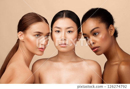Three Naked Women Models Standing Shirtless Posing In Studio On Gray Background. Natural Female Beauty 126274792