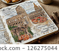 Hand-drawn travel diary pages featuring the Colosseum and pizza in a nostalgic mood, capturing Italian culture and cuisine on a rustic fabric background [with room for copying] 126275044