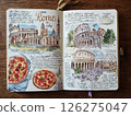 Hand-drawn sketchbook pages featuring Rome in a nostalgic mood, showcasing iconic landmarks and delicious pizza on a rustic wood background 126275047